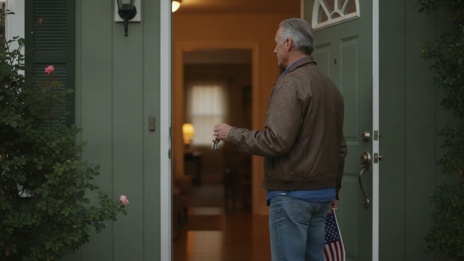 A veteran holding house keys at the open front door of a donated home